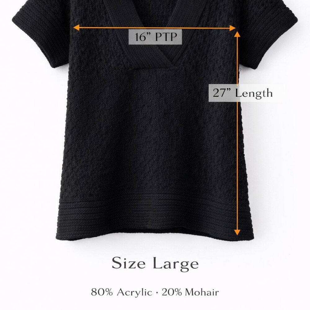 Orsay Black Knit Sweater Top Large V-Neck Short Sleeve Textured Soft Cozy - Picture 3 of 9